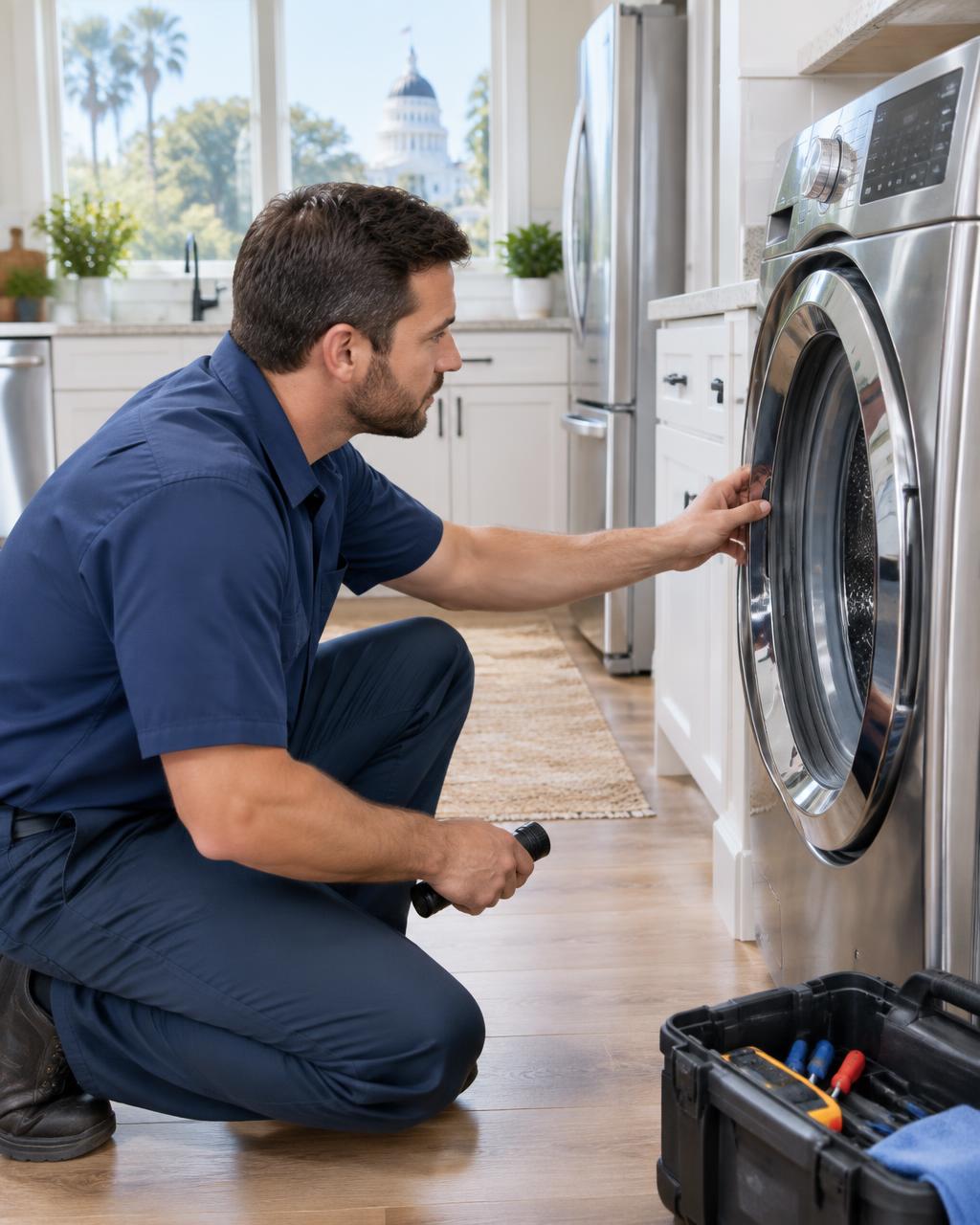 Appliance technician inspecting a washing machine in a Tallahassee home