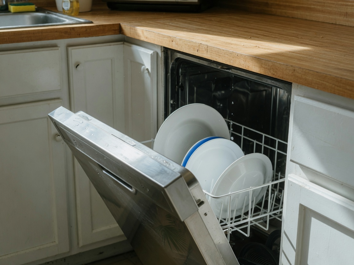 Open dishwasher in a home kitchen