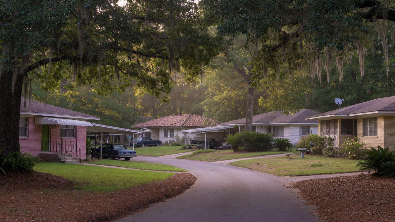 Live oak canopy over a Tallahassee neighborhood street