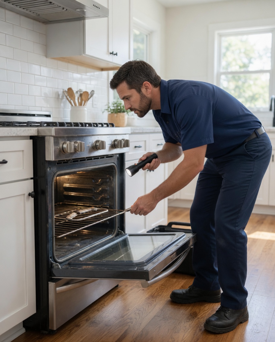 Technician inspecting an open oven in a Tallahassee kitchen