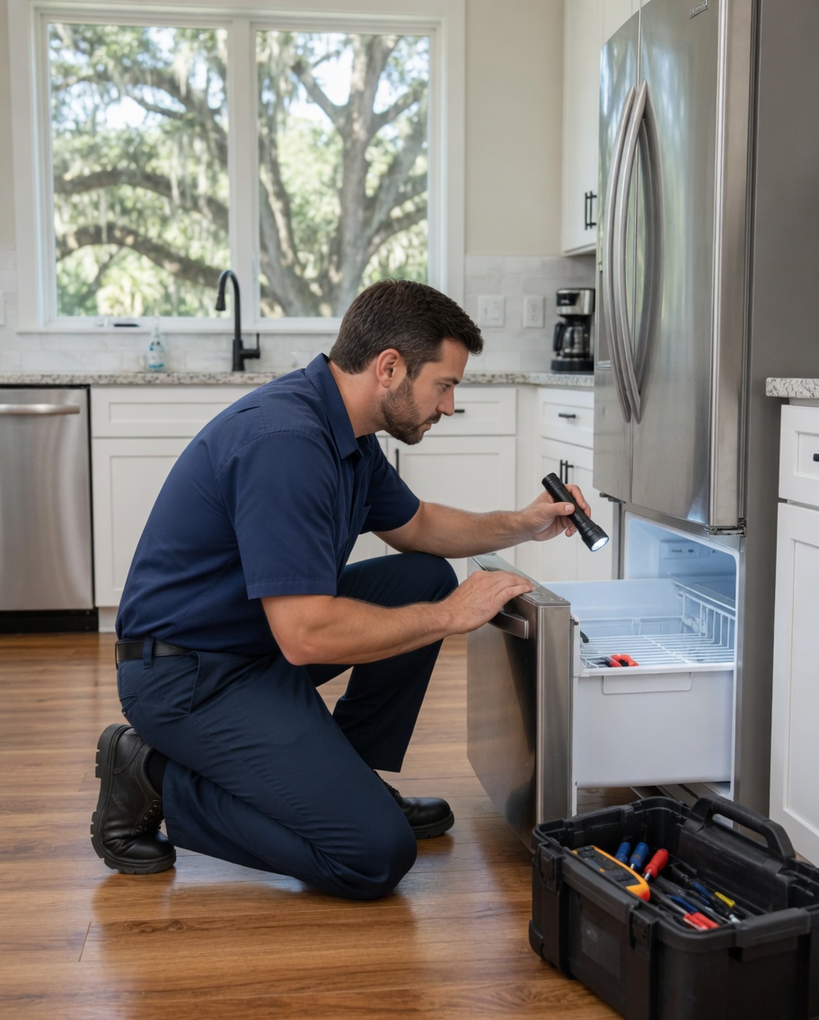 Technician checking a refrigerator freezer drawer in a Tallahassee kitchen