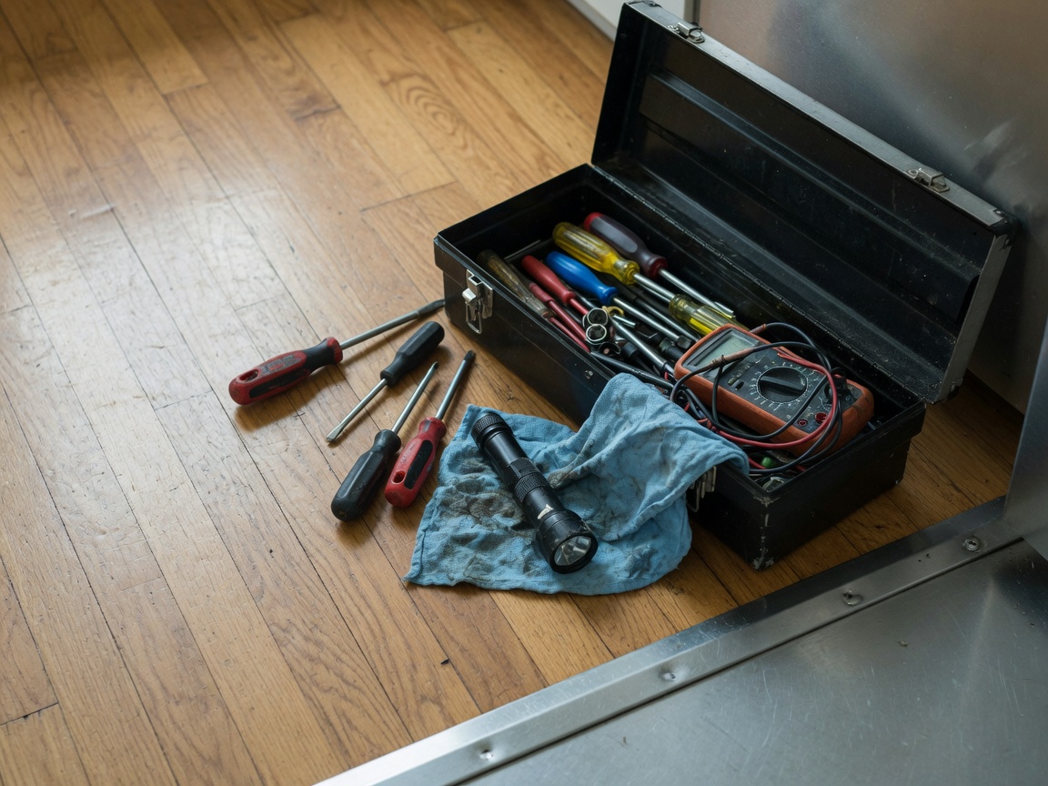 Open appliance repair toolbox on a kitchen floor